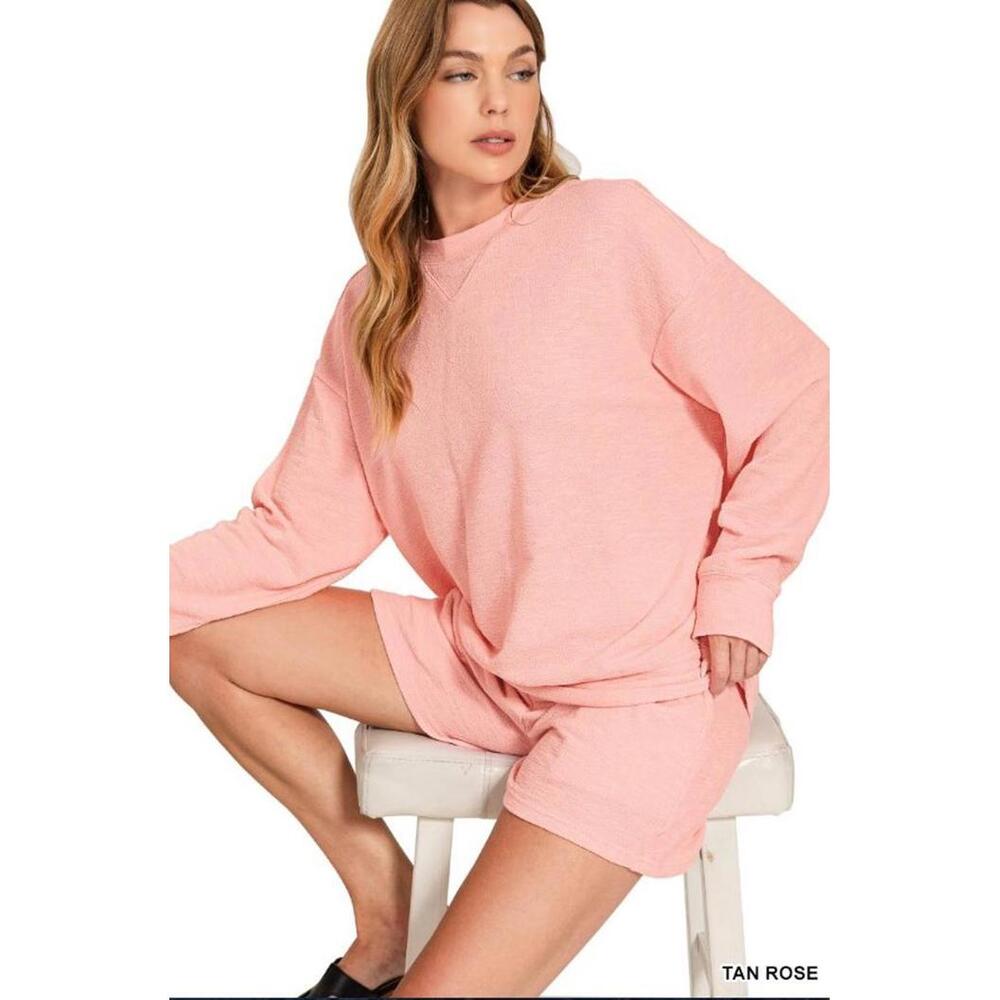 #2530 Zenana NWOT Tan Rose Cotton Slub Pullover & Shorts 2 Pc Set Size Small